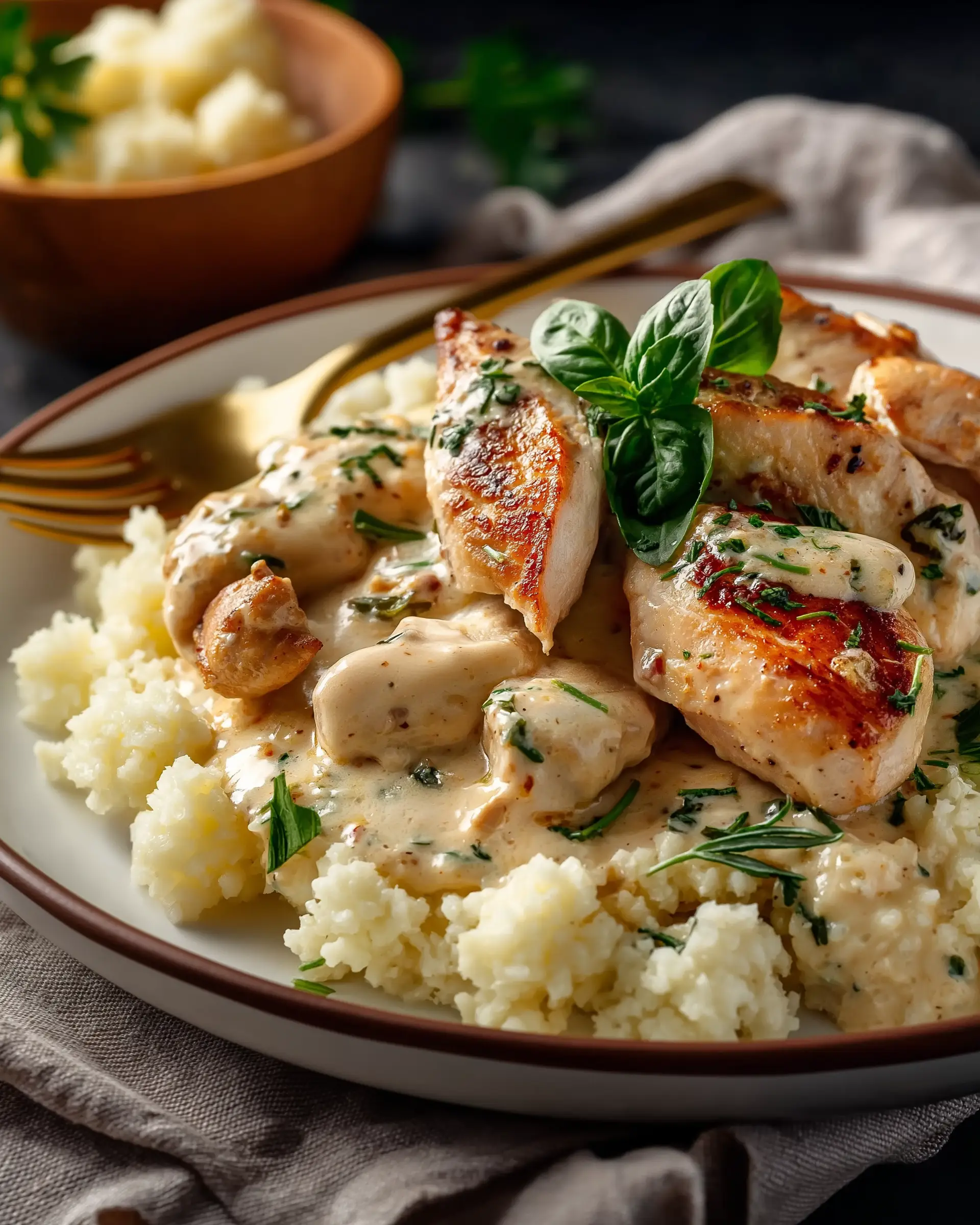 Creamy Tuscan Chicken Cauliflower Rice Bake
